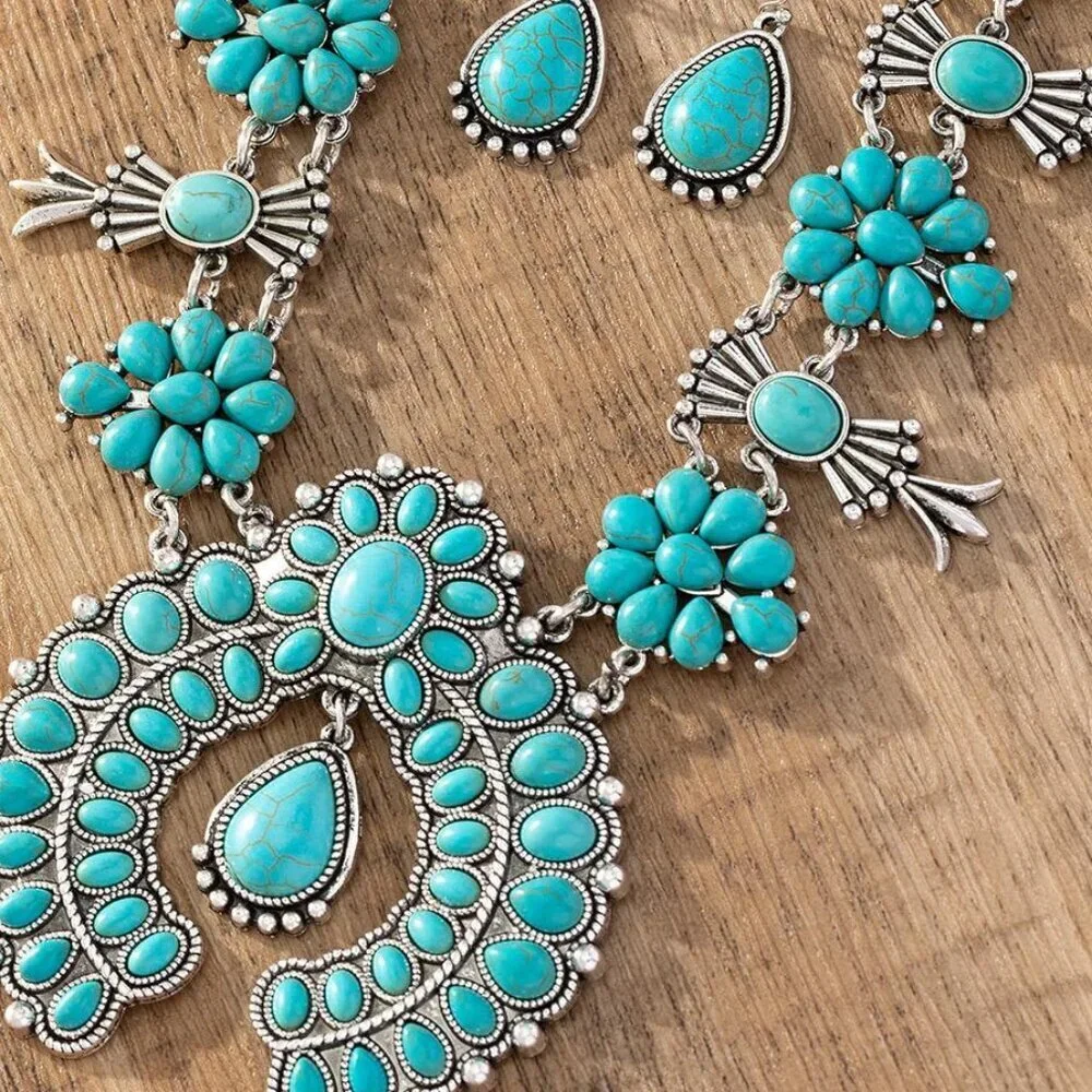 Blue Boho Women's faux Turquoise Pendant Necklace & Drop Earrings